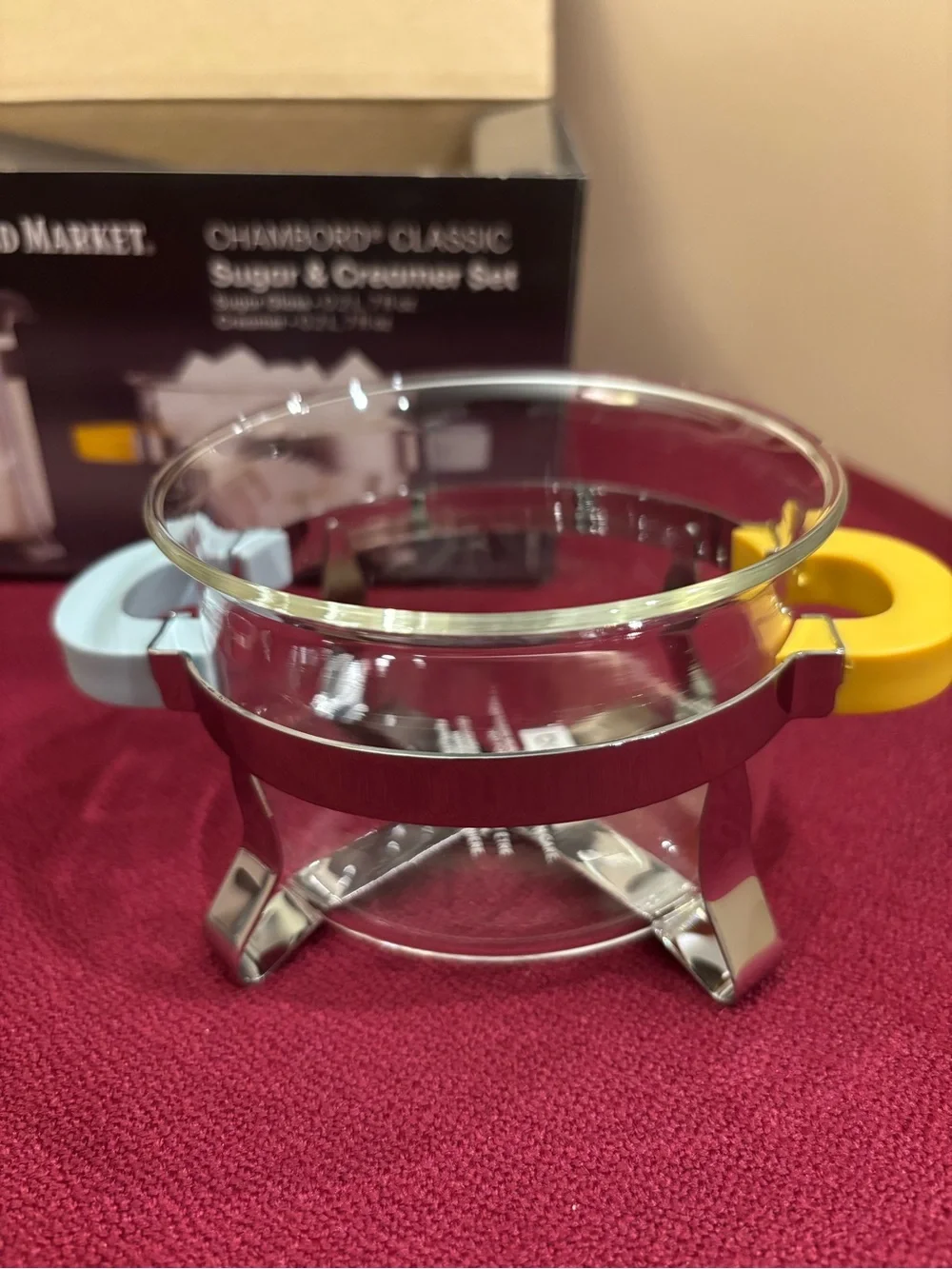 BODUM CHAMBORD CLASSIC SUGAR & CREAMER SET WITH YELLOW & BLUE HANDLES New in Box